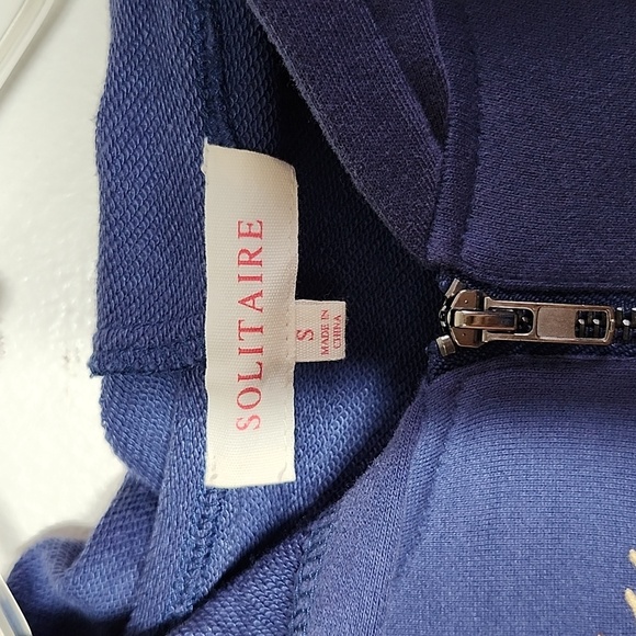 Solitaire Women's Blue Embroidered Full Zip Jacket Cinched Waist Hood Pockets Sm - Picture 5 of 10